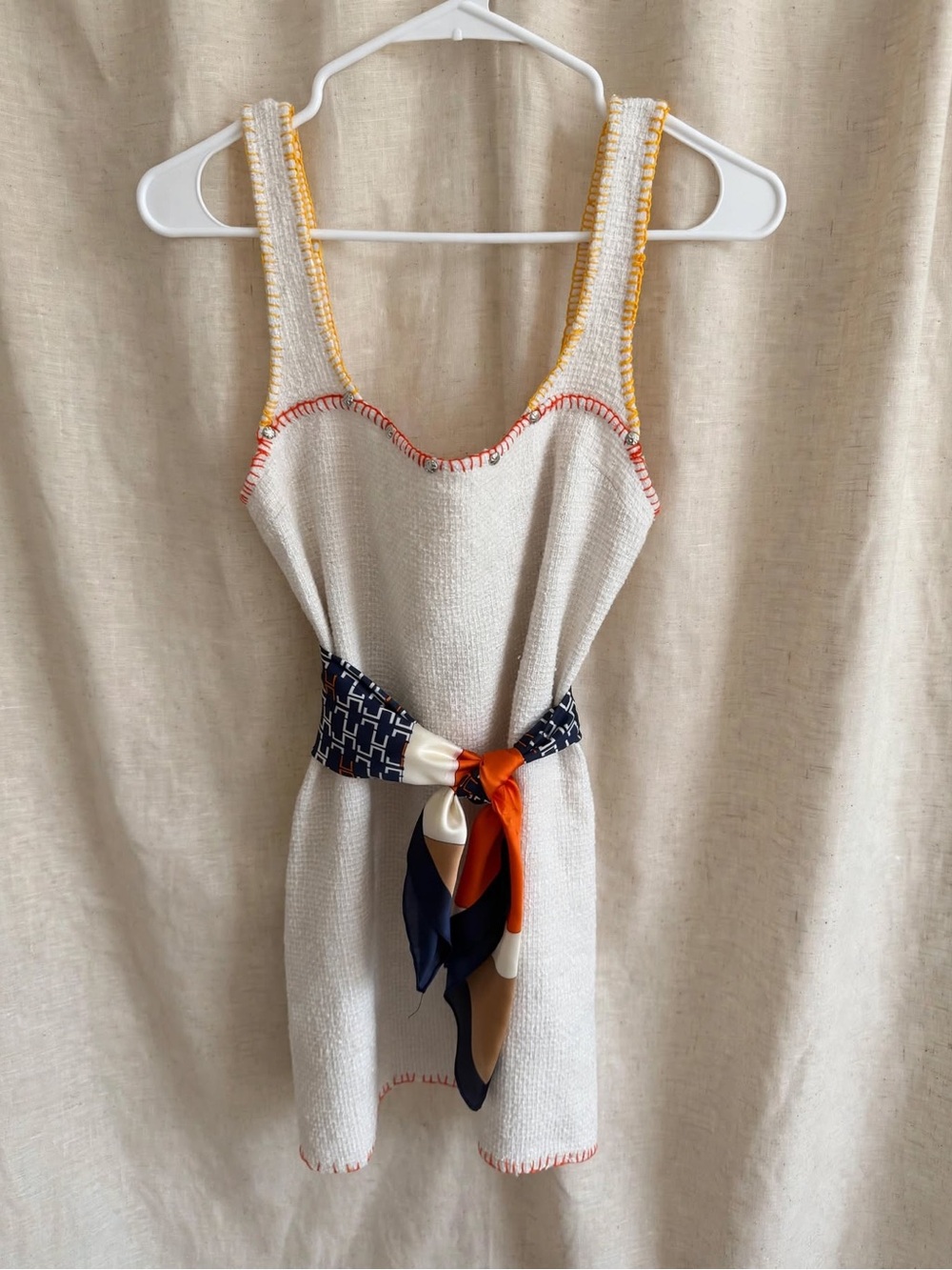 H&M Cream Mini Dress with Navy & Orange Sash - Picture 4 of 6